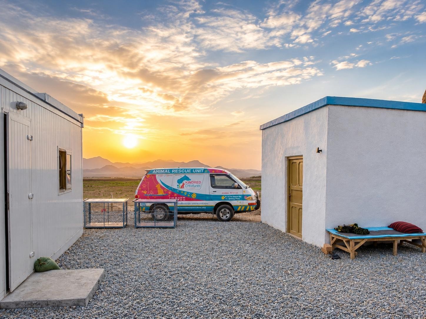 Kindred Creatures Animal Rescue Unit parked at The Kindness Center at sunset in Afghanistan